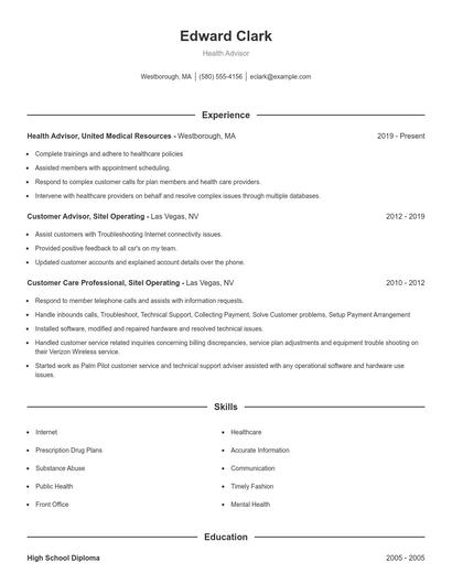 Health Advisor Resume
