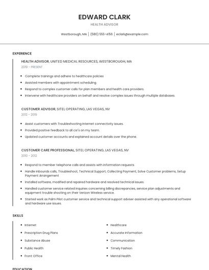 Health Advisor Resume