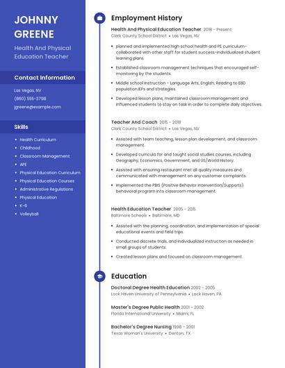 Health And Physical Education Teacher Resume