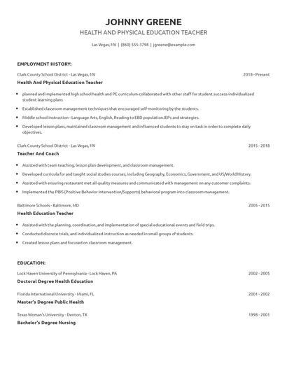 Health And Physical Education Teacher Resume