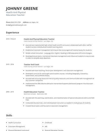 Health And Physical Education Teacher Resume