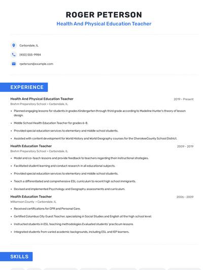 Health And Physical Education Teacher Resume