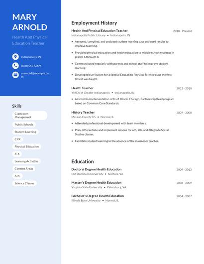 Health And Physical Education Teacher Resume