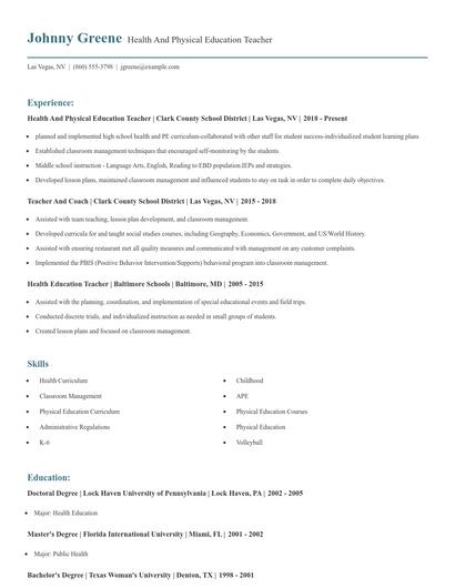 Health And Physical Education Teacher Resume