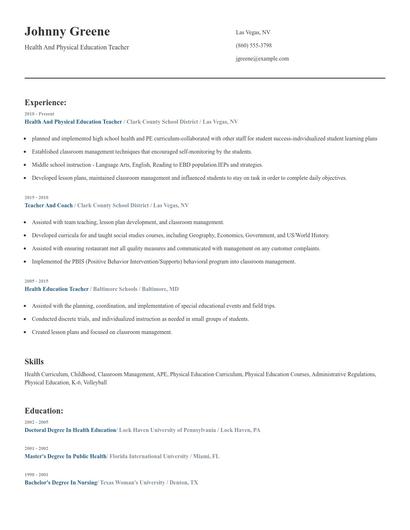 Health And Physical Education Teacher Resume