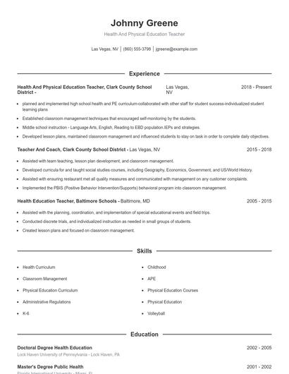 Health And Physical Education Teacher Resume