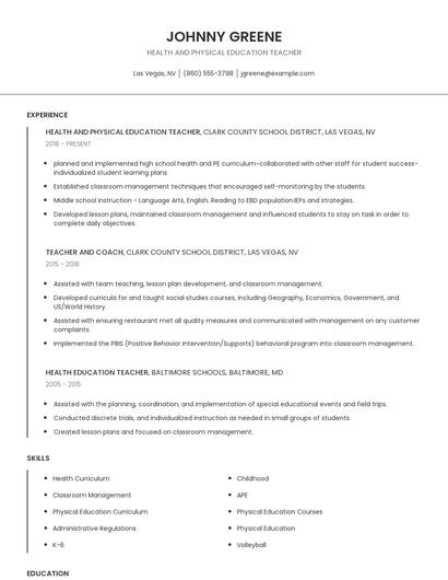 Health And Physical Education Teacher Resume