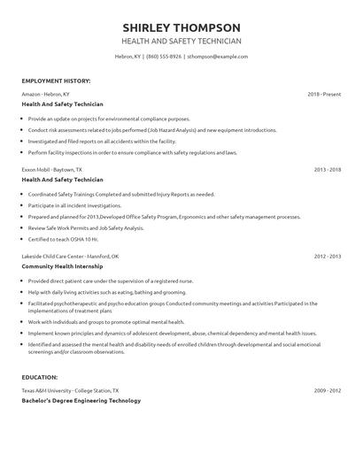 Health And Safety Technician Resume