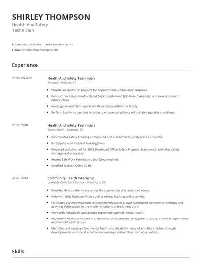 Health And Safety Technician Resume