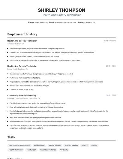 Health And Safety Technician Resume