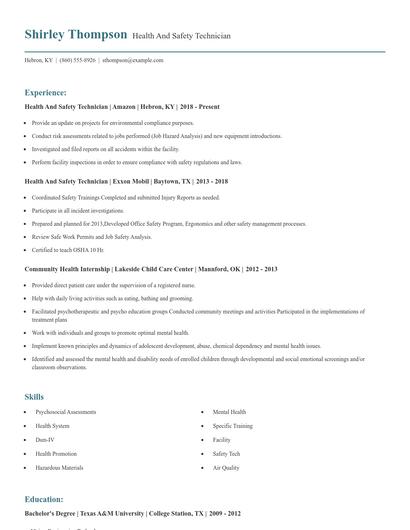 Health And Safety Technician Resume