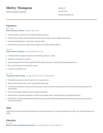 Health And Safety Technician Resume