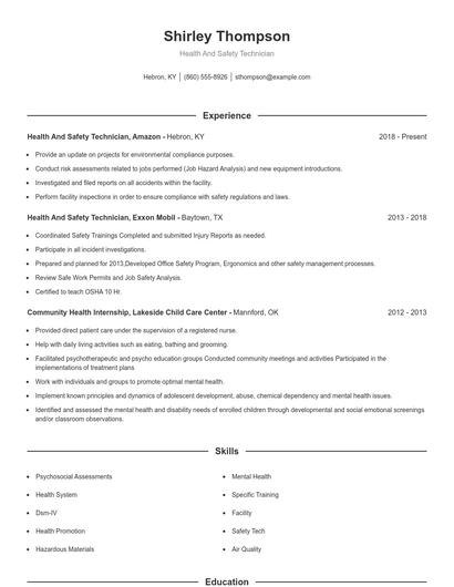 Health And Safety Technician Resume