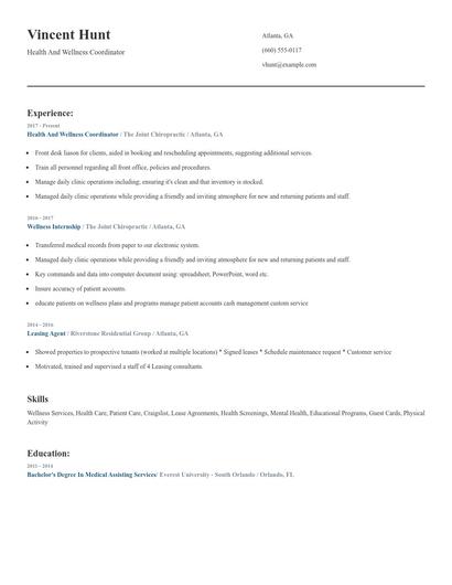Health And Wellness Coordinator Resume