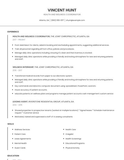 Health And Wellness Coordinator Resume