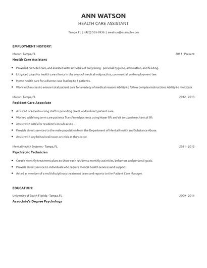 Health Care Assistant Resume