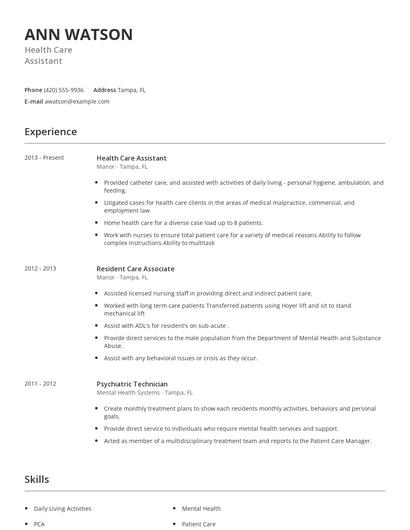 Health Care Assistant Resume