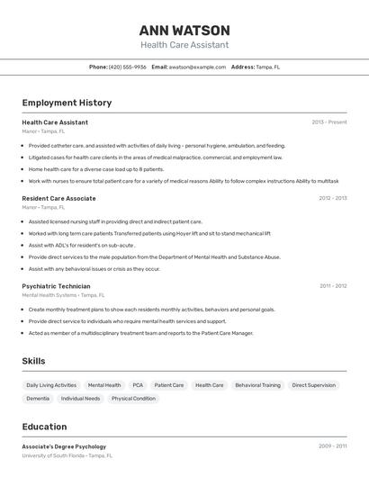 Health Care Assistant Resume
