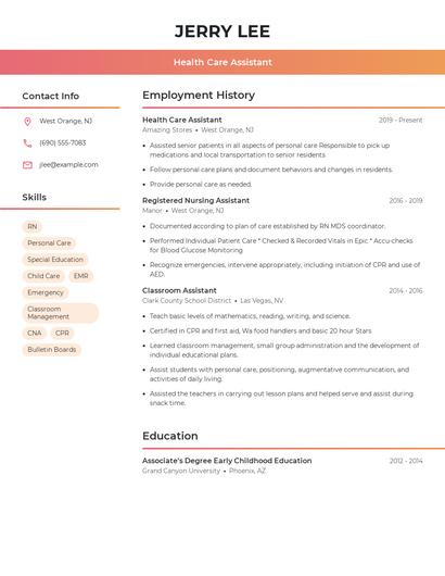 Health Care Assistant Resume