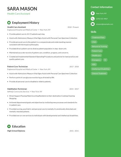 Health Care Assistant Resume
