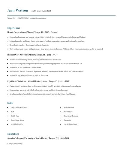 Health Care Assistant Resume