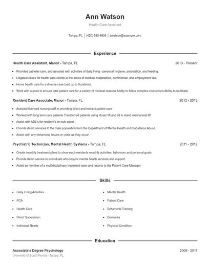 Health Care Assistant Resume