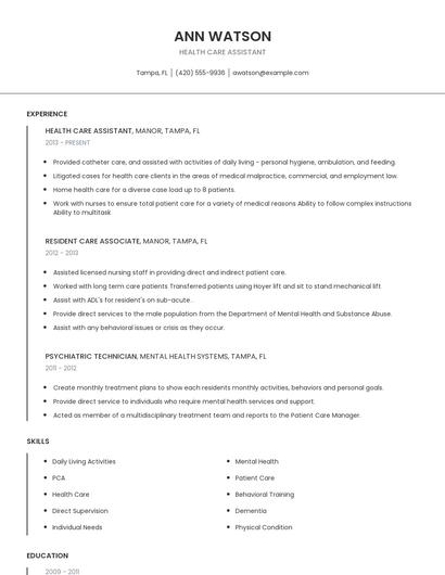 Health Care Assistant Resume