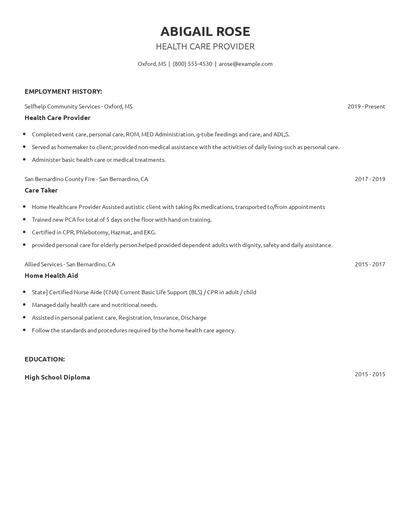 Health Care Provider Resume