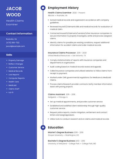 Health Claims Examiner Resume