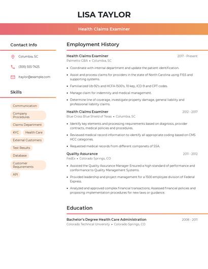 Health Claims Examiner Resume