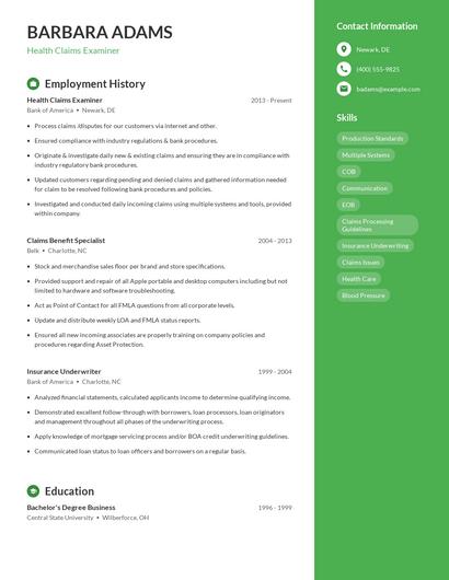 Health Claims Examiner Resume