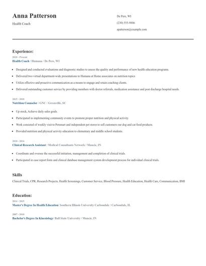 Health Coach Resume