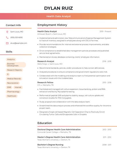 Health Data Analyst Resume