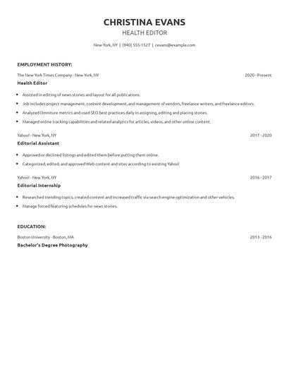 Health Editor Resume