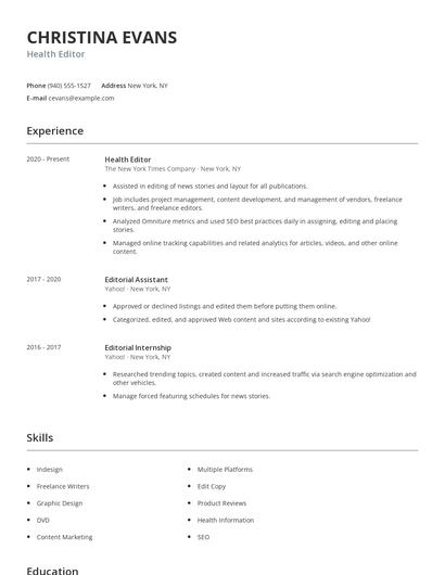 Health Editor Resume