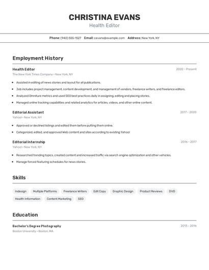 Health Editor Resume