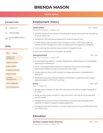 Health Editor Resume