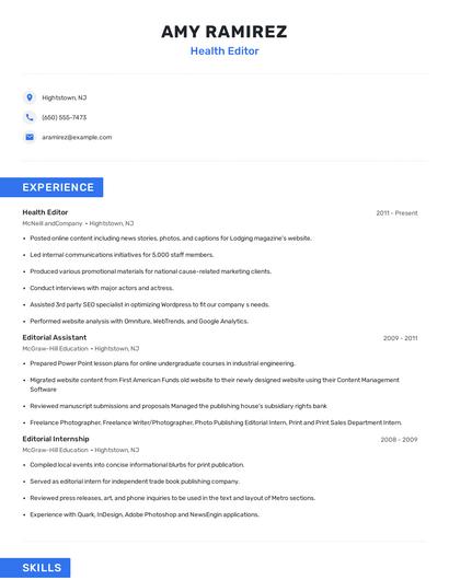 Health Editor Resume