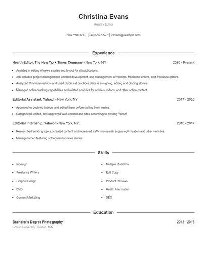 Health Editor Resume
