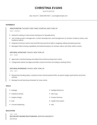 Health Editor Resume