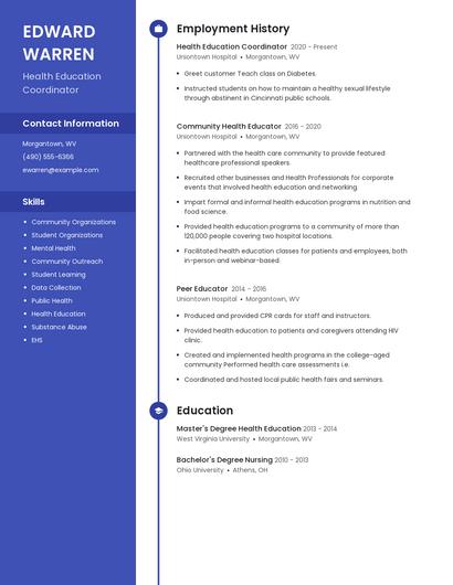 Health Education Coordinator Resume