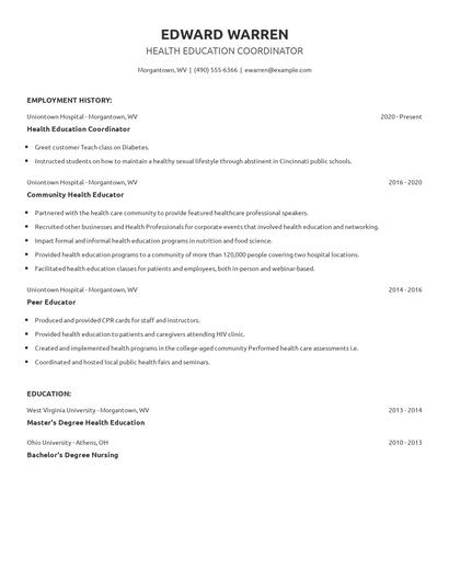 Health Education Coordinator Resume