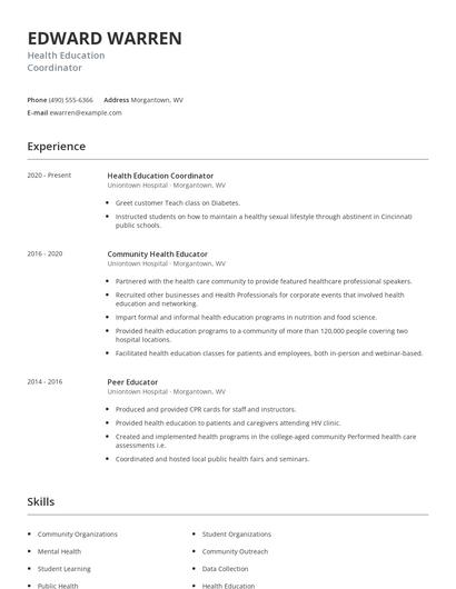 Health Education Coordinator Resume