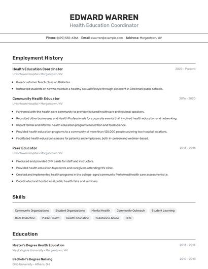 Health Education Coordinator Resume