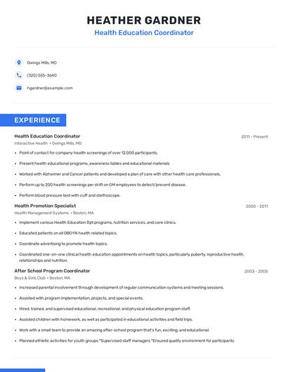 Health Education Coordinator Resume