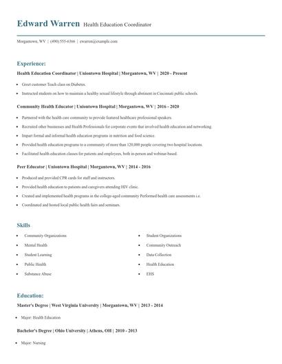 Health Education Coordinator Resume