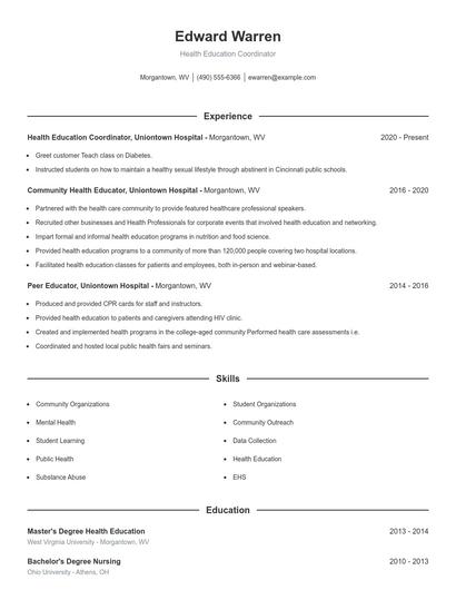 Health Education Coordinator Resume