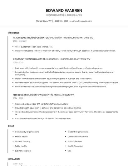 Health Education Coordinator Resume