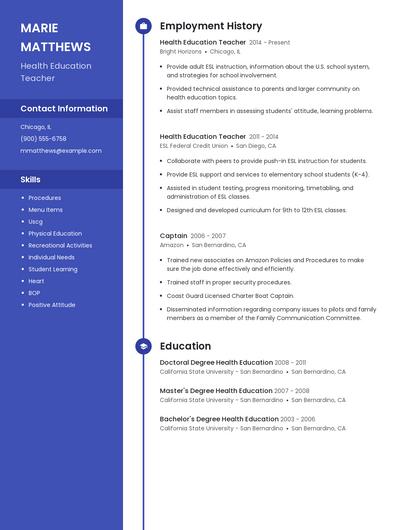 Health Education Teacher Resume
