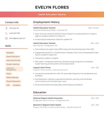 Health Education Teacher Resume